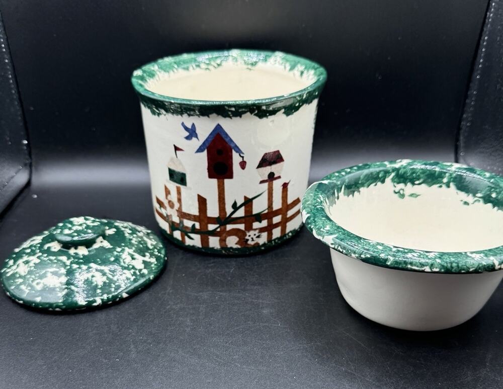 Vintage Handcrafted Painted Birdhouse Cat Bird Decorative Double Boiler -A94